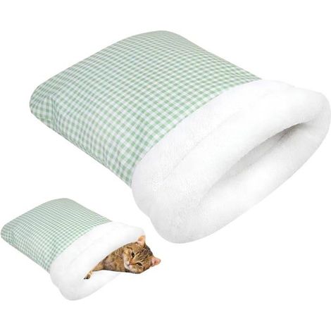 Haustier-Schlafsack, halbgeschlossenes Winterbett für Hunde und Katzen, hellgrünes Gitterdesign, große Größe Haustierbett