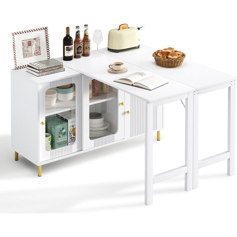 Moderner weißer Buffet-Sideboard mit klappbarer und ausziehbarer Tischplatte, drehbarer Oberfläche, goldenen Metallbeinen, Glasschiebetüren und Wellenmuster – Perfekt für Esszimmer und Küche