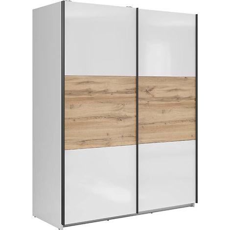 Armoire à 2 portes coulissante coloris Blanc brillant/Chêne wotan - Longueur 153,5 x Profondeur 60 x Hauteur 195,5 cm (1/5)