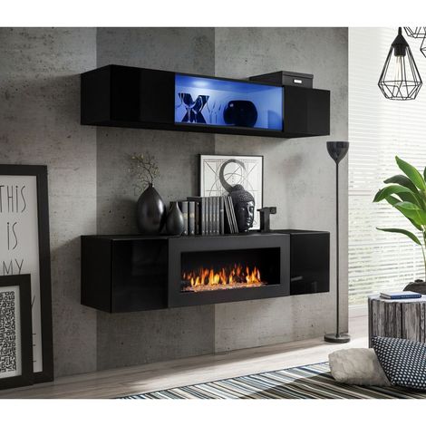 Ensemble mural - FLY N - 1 rangement mural LED - 1 meuble TV - Noir - Modèle 2 - Livraison gratuite