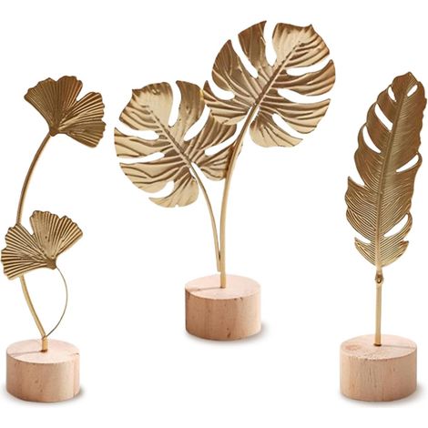 Lot de 3 Statues en Forme de Ginkgo, Sculptures Décoratives Dorées (1/5)