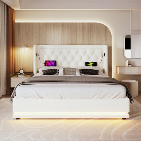 Lit capitonné double 180x200 cm, PU blanc, coffre hydraulique, tête USB Type-C, LED 3 côtés, matelas non inclus (1/5)