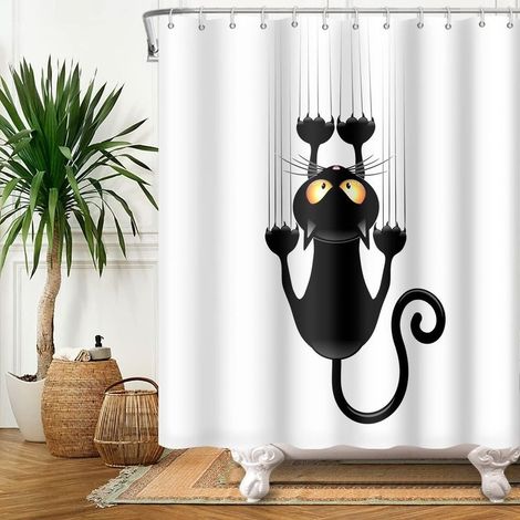 Rideau de douche 152x183cm – Imperméable en polyester – Design chat mignon – Lavable en machine – Crochets inclus (1/5)