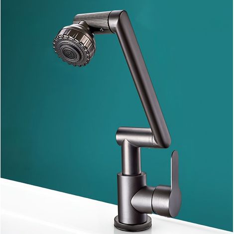 Robinet de lavabo, deux modes de sortie d'eau, rotation à 1080° sans angle mort, matériau ABS durable, gris [sans arrivée d'eau] (1/5)