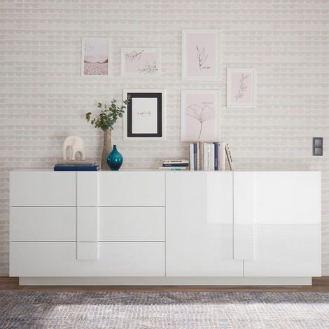 Moderne Kommode Jupiter WH L1, 2 Türen, 3 Schubladen, Hochglanz Weiß (1/5)
