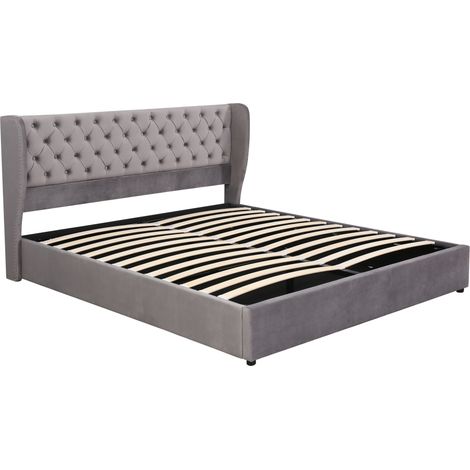 Cama capitoné 180x200 cm de terciopelo gris con almacenaje y somier de lamas (1/5)