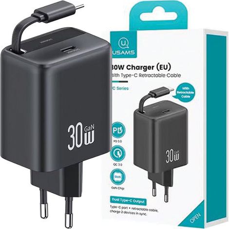 Chargeur réseau Usams 1xUSB-C avec câble USB-C rétractable PD+QC 30W Gan à charge rapide Noir/Noir Série YC CC241TC01 (US-CC241) (1/5)