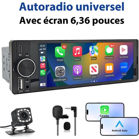 Autoradio 1 DIN avec Apple CarPlay Android Auto et écran tactile 6.36 pouces JUNSUN