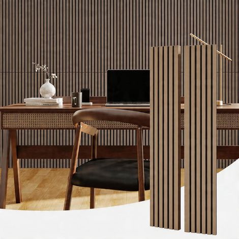 Panneaux muraux acoustiques 3D à lamelles bois cannelé, en MDF avec feutre acoustique et ouate d’isolation sonore, aspect vintage chêne, isolation phonique, lot de 2 pièces, 120 x 30 cm (1/5)