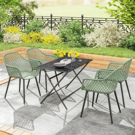 Juego de 4 sillas de jardín con respaldo de rombos y reposabrazos, color verde.