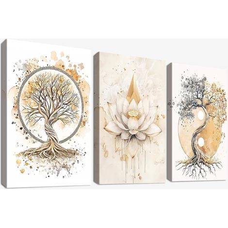 3Pc Cadre en Bois Impression sur Toile Arbre de vie Yin Yang Tableau Image sur Toile Bouddhisme Zen Fleur de lotus Beige Tableau Decoration Murale Salon Chambre Salle de Bain 30x40cm x 3pcs (1/5)