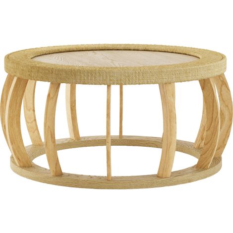 Table basse ronde vintage en bois massif et rotin, à pieds incurvés, table d’appoint bohème pour salle à manger, cuisine et salon, naturel