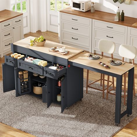 Modernluxe - Îlot central de cuisine - table à manger extensible - avec porte-épices, tiroirs, roulettes et rangement - Naturel+Gris (1/5)