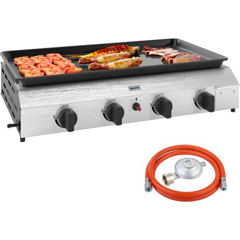 Beyamis Gasgrillplatte mit 4 Brennern à 2,4 kW und Antihaftbeschichtung, 77 x 44,5 x 19 cm, Silber