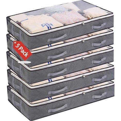 Aufbewahrungstaschen für unter das Bett, 5er-Set, Kleiderschrank-Organizer, große, weiche Tasche mit Sichtfenster, verstärkten Griffen, Reißverschluss, Vliesstoff, faltbar, 100 x 50 x 15 cm, Grau (1/5)