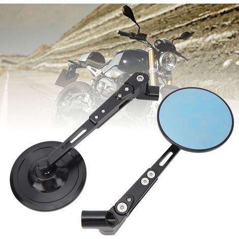 Deux rétroviseurs noirs pour moto avec verre bleu anti-éblouissement, adaptés à la plupart des motos et vélos (livrés sans logo), forme ronde (HP-J049). (1/5)