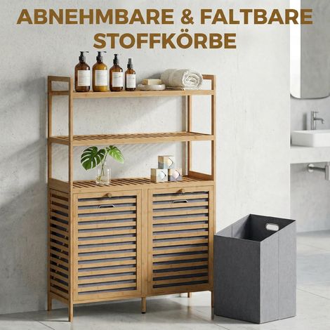 Armoire à linge double avec fonction basculante, armoire en bambou autoportante, 2 paniers amovibles, 3 étagères, chêne (1/5)