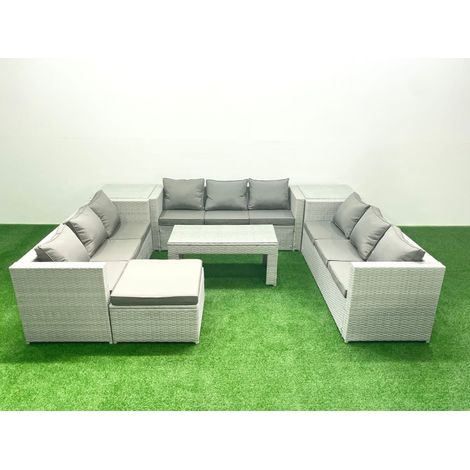 Fimous Ensemble de meubles d'extérieur en rotin 10 places avec Table basse oblongue Grand tabouret 2 Tables d'appoint Gris clair mixte (1/5)