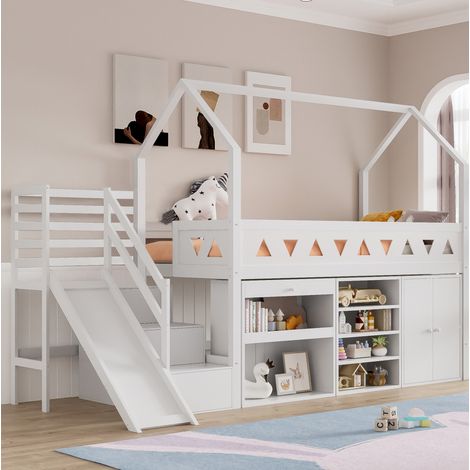 Letto per bambini multifunzionale in legno massello bianco 90x200 cm con scivolo, scale, cassetti, armadietto e rete a doghe