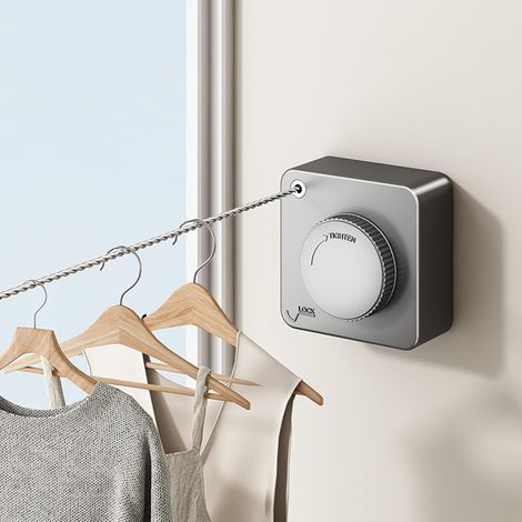 Retractable Wall Mounted Clothes Line 4.8 m Stainless Steel Retractable Clothes Line for Indoor and Outdoor Use, Anti-sagging, Ideal for Balcony and Bathroom (1/5)
