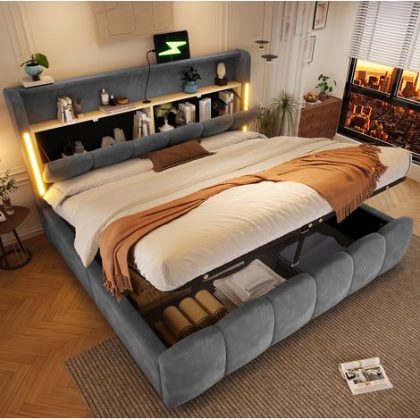 Polsterbett mit Bettkasten 180x200 cm, grauer Samt, LED und USB, ohne Matratze – MEUBLIV (1/5)