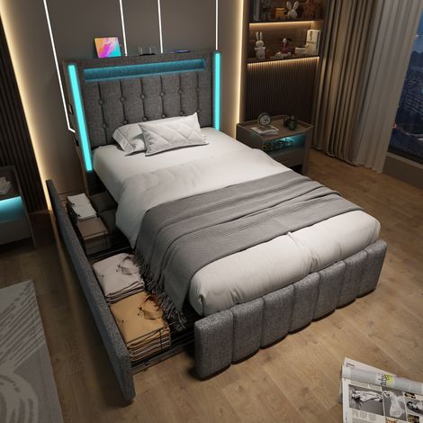 lit adulte simple rangement LED USB 90x200 lin gris OKMYHOME (1/5)