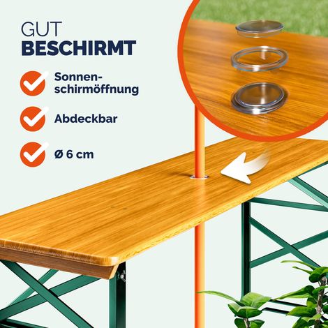 Table pliante en bois massif 170x50 cm – Hauteur réglable 75/105 cm – Avec trou pour parasol – Pliable et peu encombrante (1/2)