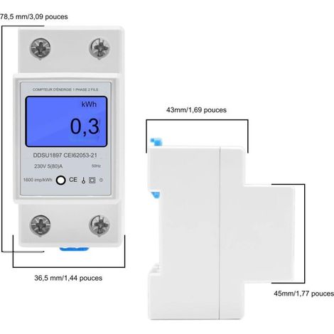 Compteur électrique, Compteur D'Énergie 230V 5 (80) A 2 fils 2P Écran Numérique LCD avec rail DIN Monophasé Électronique Rail-Électronique d'alimentation numérique KWh