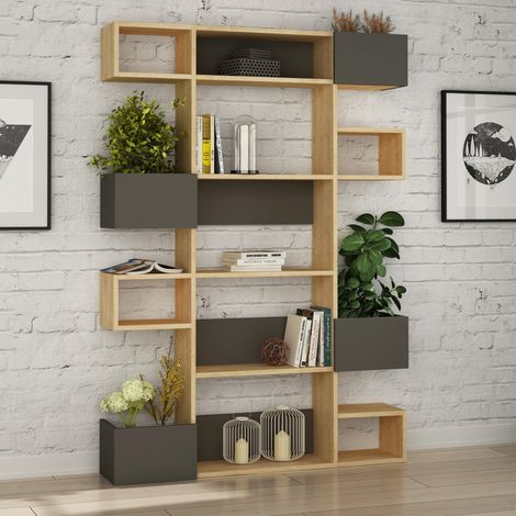 Modernes Bücherregal mit asymmetrischen Fächern Eiche Anthrazit (1/4)