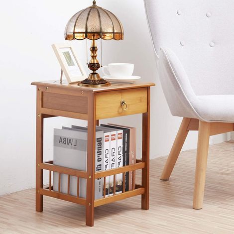 UNHO Nachttisch Bambus, Nachtschrank mit 2 Ablage und 1 Schublade Beistelltisch für Schlafzimmer, Küche, Flur, Balkon (1/5)