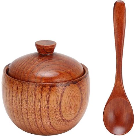 Pot à épices en bois, sucrier, salière et poivrière, boîte à épices avec cuillère et couvercle, ustensile de cuisine (1/4)