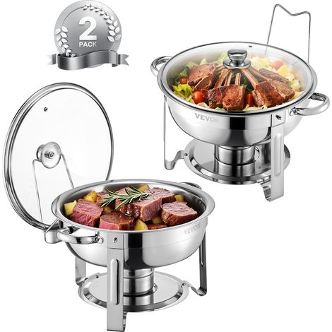 Chauffe-Plat 2PCs 4,7 L, Buffet Chauffant Rond, Réchaud en Acier Inoxydable, avec 2 Bacs Pleine Grandeur, Couvercle en Verre, pour Buffet Libre-Service Banquet Hôtel Traiteur Restauration (1/5)
