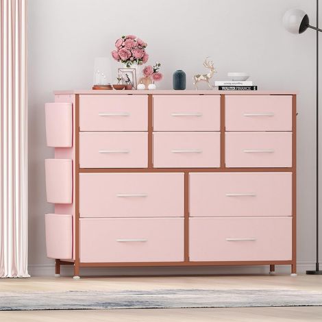 Commode de rangement à 10 tiroirs en tissu, structure stable, montage sans outil, poches latérales, crochets et tiroirs pliables, meuble pour entrée, chambre et salon, Rosa (1/5)