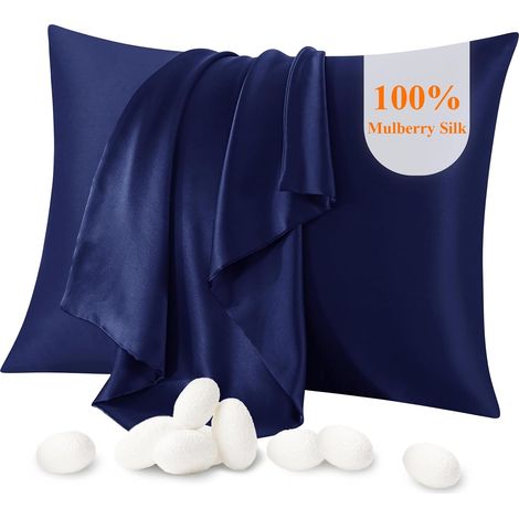 Taie d'oreiller 100% Soie, pour Cheveux et Peau, des Deux côtés Taie d'oreiller en Soie de mûrier 21 Momme 600 Fils au Pouce Doux et Respirant (Bleu Marin, la Norme: 51x66cm, 1 pièce) (1/5)