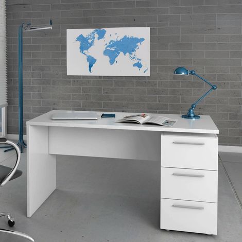 Dmora - Escritorio Dbuttar, Escritorio de oficina moderno, Mesa de estudio con cajonera de 2 cajones y 1 puerta, 138x60h74 cm, Blanco (1/5)
