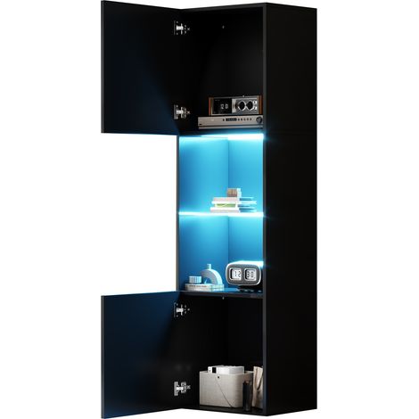 ELVMI Vitrine avec 2 Portes, 1 Étagère en Verre Trempé et LED, en Panneau de Particules, 45 x 35 x 160 cm, Noir (1/5)