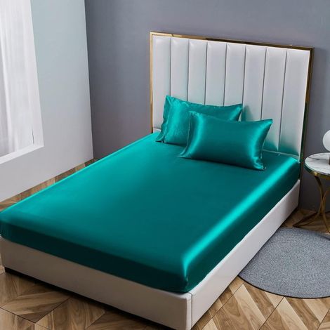 Drap-housse en satin lisse et soyeux avec poches élastiques profondes (vert sarcelle, 1 paquet) (1/5)