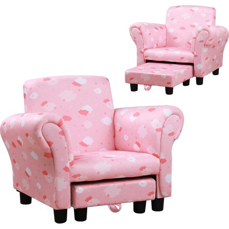 HOMCOM Cute Cloud Star Child Armchair Seat Wood Frame w/ Footrest Padding Pink