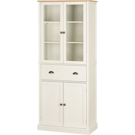 HOMCOM Küchenschrank mit 4 Türen (2 Glastüren) und 1 Schublade, verstellbare Einlegeböden, Höhe 182,5 cm, beige