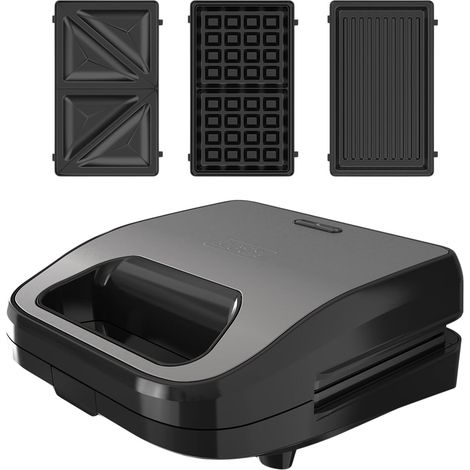 Appareil 3-en-1 750 W Plaques interchangeables (sandwich, grill, gaufrier) Antiadhésif Easy Eject Chauffe rapide Poignée froide Rangement câble Sans BPA LED (1/5)