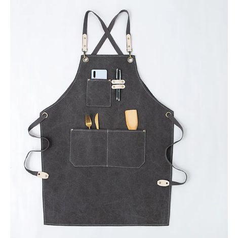 Tablier de chef en toile, tablier de travail robuste à dos croisé avec bretelles réglables et grandes poches pour hommes et femmes (Style 2) (1/4)