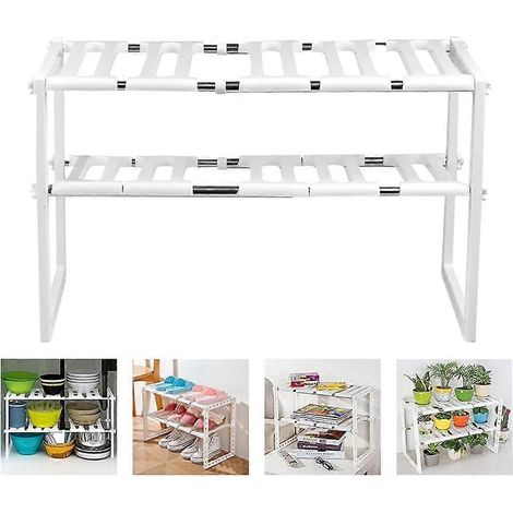 Étagère à épices de cuisine autoportante en acier, réglable et extensible à 2 niveaux, à poser sous l'évier ou à ranger dans la salle de bain ou la cuisine - Blanc (1/5)