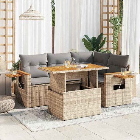 vidaXL Set sofás jardín y cojines 5 pzas ratán sintético acacia beige (1/5)
