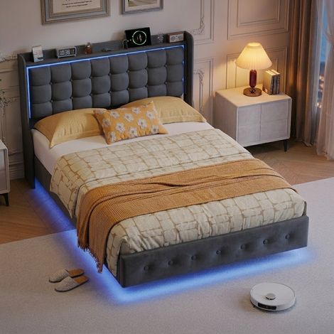 Lit 140x200, lit adulte 140x200, lit double rembourré, avec cadre à lattes, ports LED et USB, tissu velours, gris (1/5)