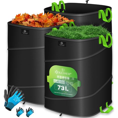 KESSER® Pop-Up-Gartensack Laubsack Gartenabfallsack inkl. Handschuhe Selbststehend mit Griffen Stabil Robust & Faltbar Schwarz / Hellgrün, 3x 73 Liter