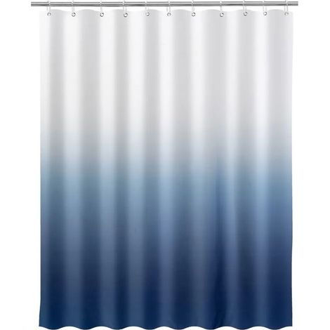 Rideau de salle de bain - JUANIO - Blanc/Bleu - Polyester - 200 x 180 cm - 12 anneaux (1/3)