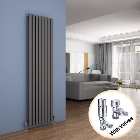 ELEGANT Vertical Column Designer Radiator Anthracite Oval Double Panel Rad 1800 x 472mm + Chrome Thermostatic Radiator Valves (1/5)