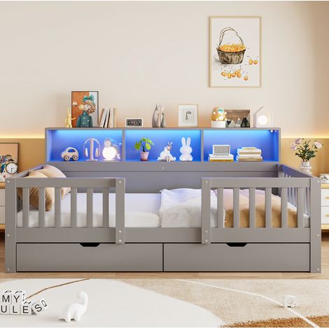 Lit mezzanine enfant 90x200 cm en bois gris, avec rangement chambre enfant, sans matelas FloraGrace (1/5)