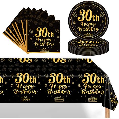 37 Pièces Assiette Vaisselle Jetable Anniversaire Kit, Noir Or Decoration Anniversaire Vaisselle 30 Ans Garçon Fille, Nappe Papier Assiette Serviette pour Decoration Anniversaire 30 Ans Cadeau (1/5)