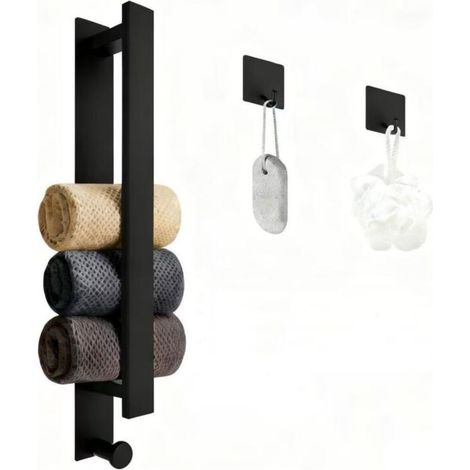 1 Porte-serviettes mural, acier inoxydable 304, finition noir mat, 2 crochets, sans perçage, pour salle de bain cuisine buanderie (1/4)